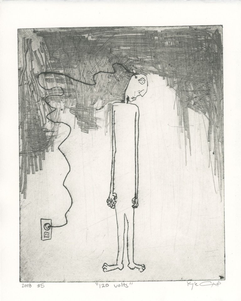 Black and white intaglio print of a tall, thin figure standing in profile with a cord trailing from its head to a wall outlet, surrounded by dense crosshatched shadows in the upper left and dripping vertical lines.