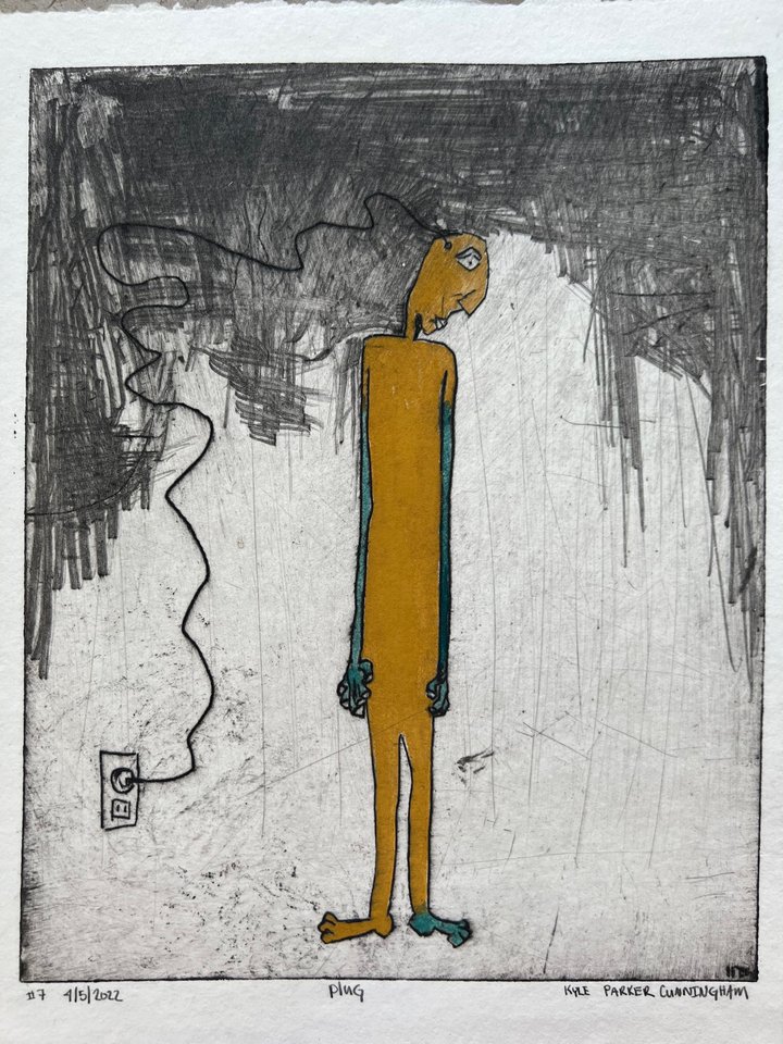 Hand-colored version of the 120 Volts intaglio print, with the figure painted in ochre yellow and teal accents against the same dark crosshatched background and wall outlet composition.
