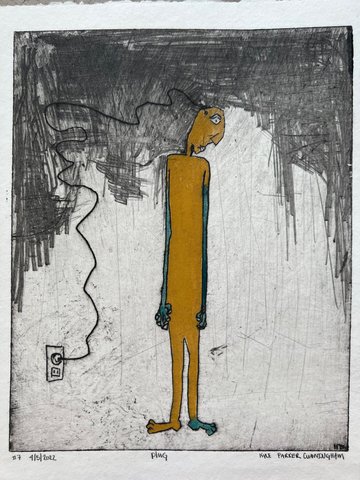 Hand-colored version of the 120 Volts intaglio print, with the figure painted in ochre yellow and teal accents against the same dark crosshatched background and wall outlet composition.