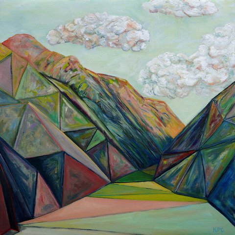 Oil painting of a mountain valley rendered in geometric, faceted planes of green, teal, rose, and ochre, with billowing white clouds above and a pale green twilight sky, the angular forms converging toward a creek bed in the foreground.