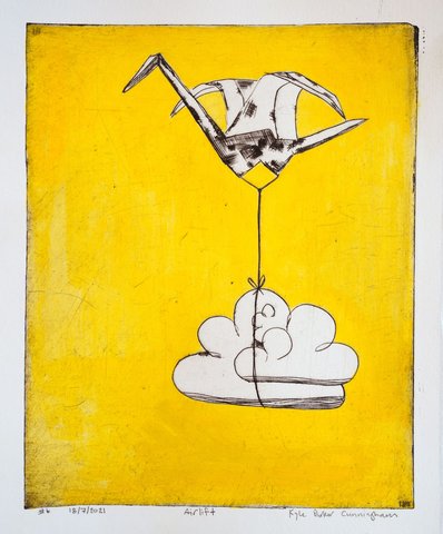 Hand-colored print of the Airlift origami crane carrying a white cloud, set against a vivid yellow gouache background that fills the entire plate area.