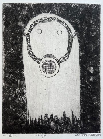 Close-up view of a drypoint intaglio print depicting a tall ghost-like figure with a gas mask, featuring small circle eyes and a crosshatched respirator, set against a densely hatched dark background on handtorn paper.