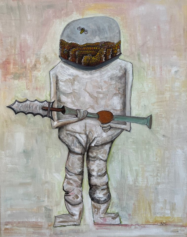 Oil on linen painting of a white armored figure with a honeycomb-filled visor and bees, holding a serrated spear-like weapon against a soft pink, yellow, and green background.