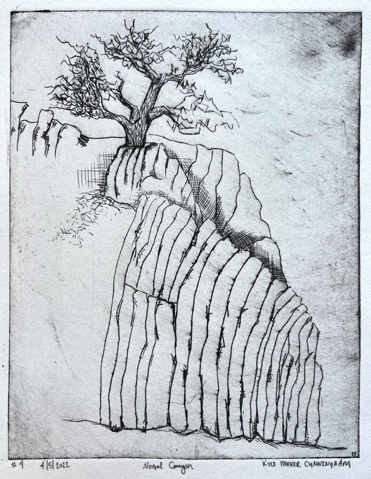 Second print of the Nogal Canyon drypoint in black ink without hand-coloring, showing the same layered canyon rock formation and tree in a slightly different impression with softer tonal values.