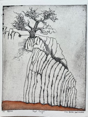 Intaglio drypoint print of a layered rock formation with curved, ridged strata and a gnarled tree growing from its top, hand-colored with burnt orange along the ground line at the base of the cliff.