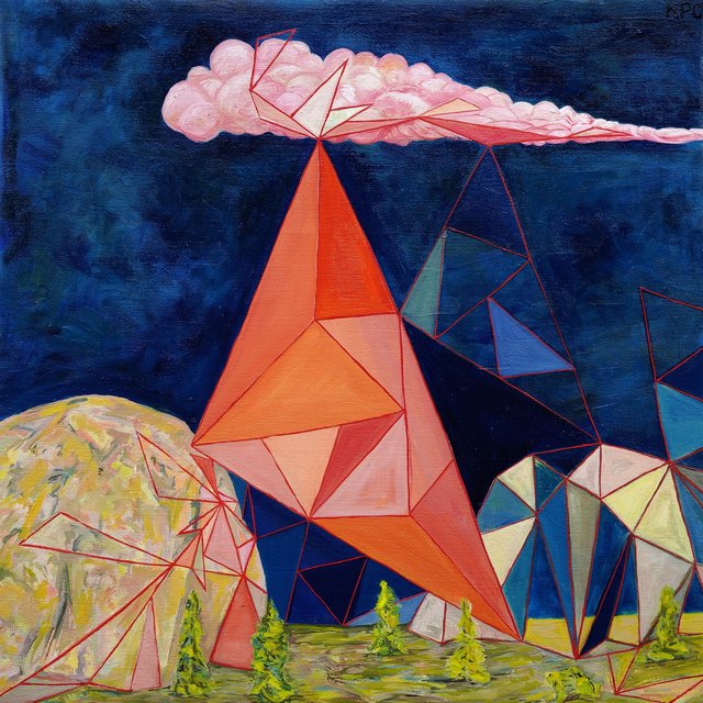 Oil painting of geometric forms against a deep navy sky — a large orange-red triangular spire rises from a green treeline at center, flanked by faceted golden and blue-white spheres, with a pink cloud stretching across the top and red wireframe lines connecting the shapes.