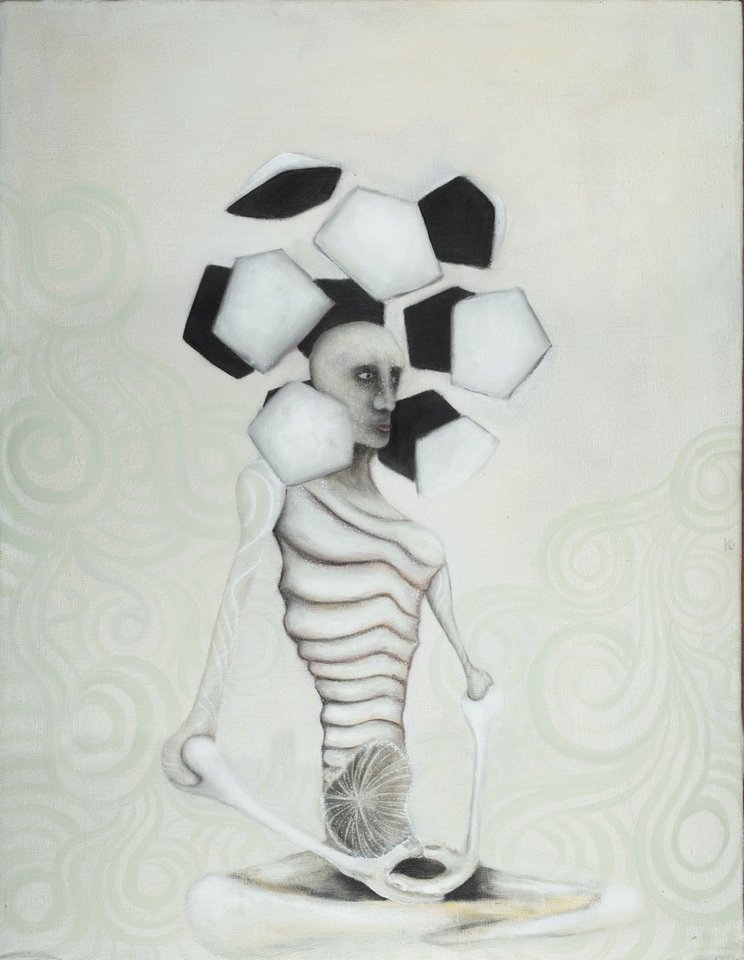 Oil painting of a seated Buddha-like figure with a ribbed torso, surrounded by floating black and white pentagonal faces forming a dodecahedron halo, set against a pale green background with subtle spiral patterns.