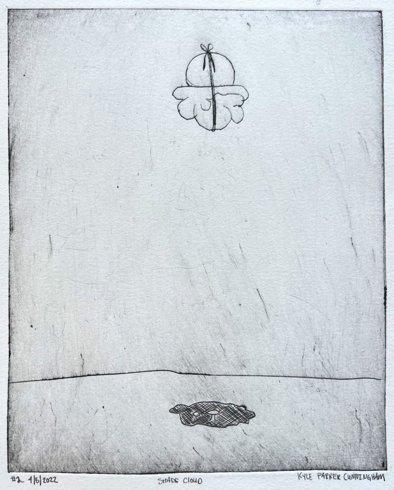 Black and white intaglio print with a small cloud-like form floating in the upper center above a horizon line, and a cross-hatched animal face peeking out from below the ground, surrounded by open gray-white space.