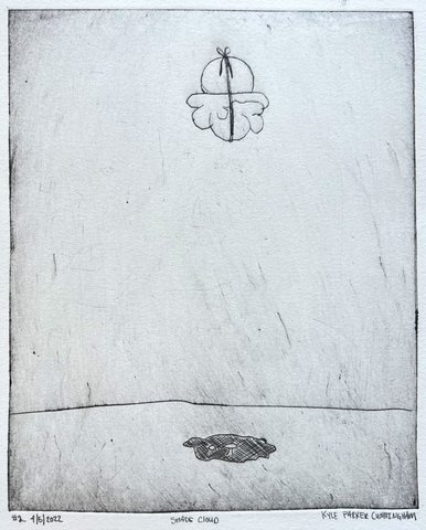 Black and white intaglio print with a small cloud-like form floating in the upper center above a horizon line, and a cross-hatched animal face peeking out from below the ground, surrounded by open gray-white space.