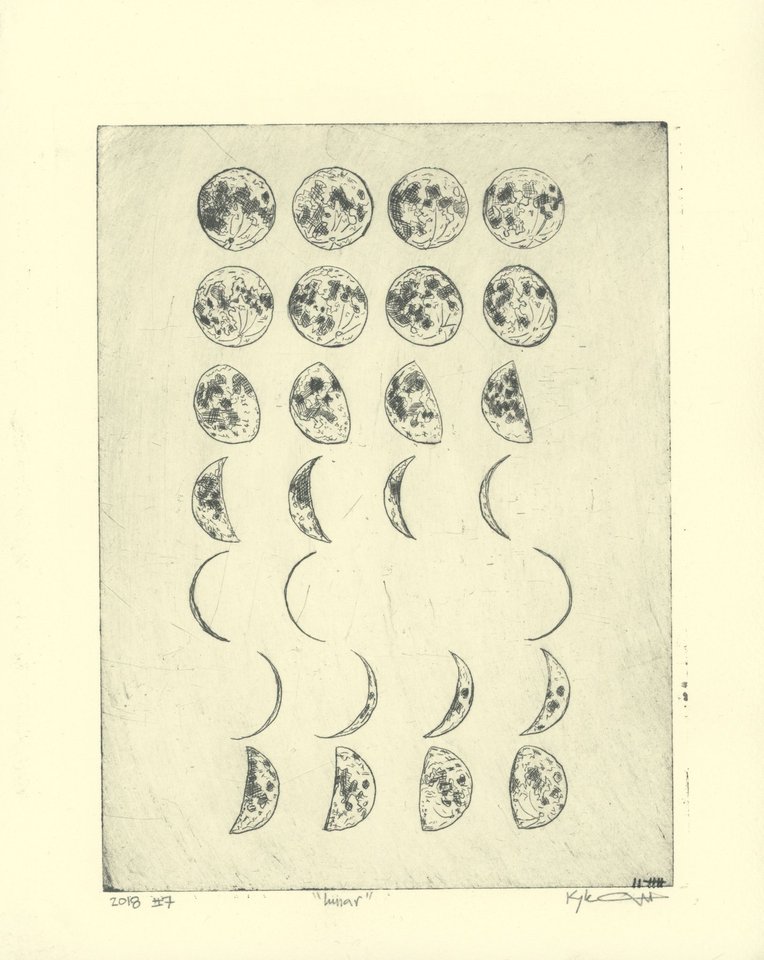 Drypoint intaglio print depicting rows of moon phases, from full moons with crosshatched craters at the top through waning crescents to thin slivers and back, arranged in a grid on cream paper in black ink.