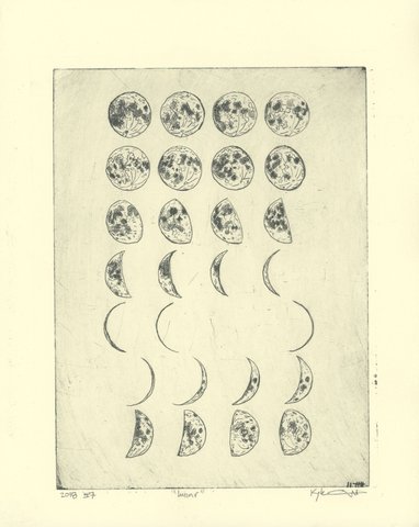Drypoint intaglio print depicting rows of moon phases, from full moons with crosshatched craters at the top through waning crescents to thin slivers and back, arranged in a grid on cream paper in black ink.