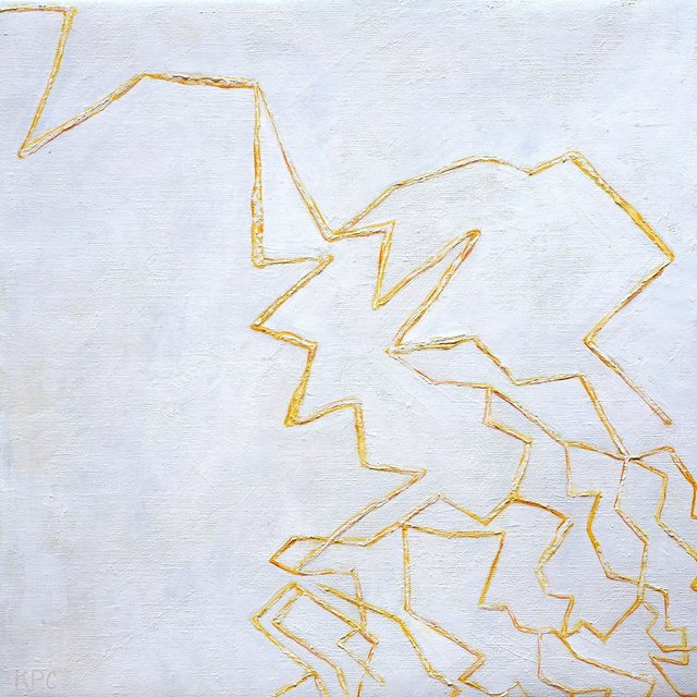 Minimalist oil painting of jagged, angular lightning bolt shapes outlined in golden-yellow lines against a pale white-gray background, with the forms clustering and branching from the lower right corner upward across the canvas.