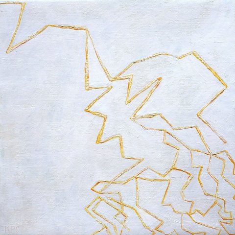 Minimalist oil painting of jagged, angular lightning bolt shapes outlined in golden-yellow lines against a pale white-gray background, with the forms clustering and branching from the lower right corner upward across the canvas.