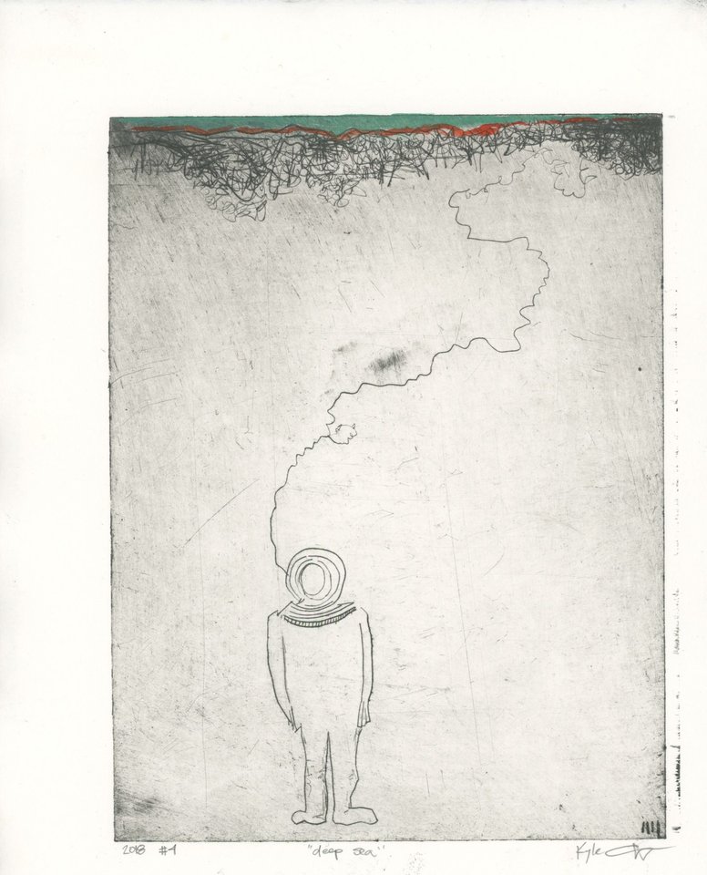 Drypoint intaglio print hand-colored with watercolor, depicting a small deep-sea diver standing at the bottom with a round helmet, looking up at a tangled mass of seaweed or coral along the top edge painted in teal green and red-orange.