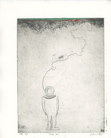 Drypoint intaglio print hand-colored with watercolor, depicting a small deep-sea diver standing at the bottom with a round helmet, looking up at a tangled mass of seaweed or coral along the top edge painted in teal green and red-orange.