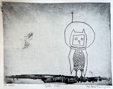 Intaglio drypoint print of a whimsical owl wearing a round space helmet with an antenna, its body covered in feathery scales, standing on a dark branch against a scratched gray background on handtorn paper.